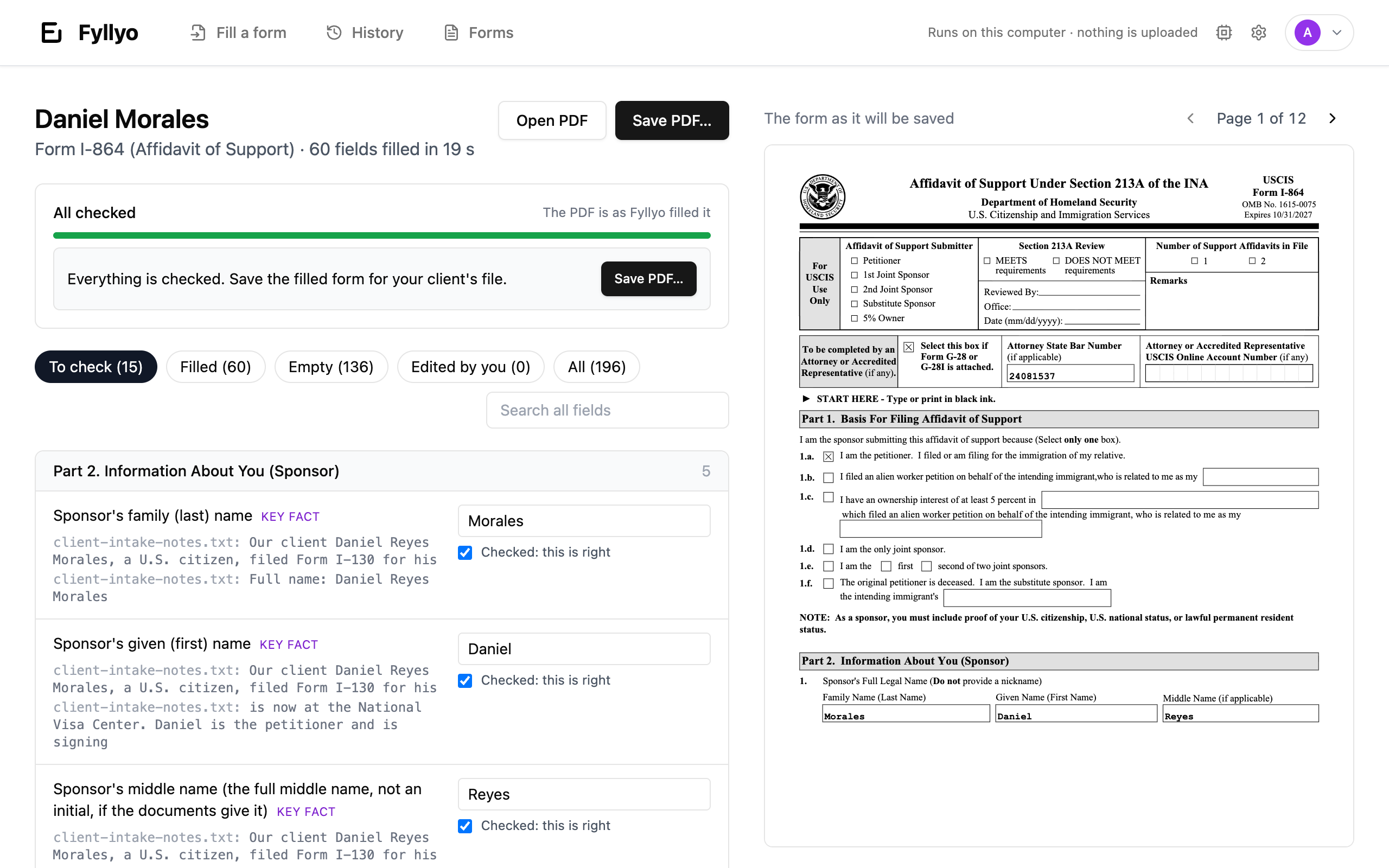 The Fyllyo app after filling Form I-864 for a client: 60 fields filled in 19 seconds, each answer shown with the line from the client's document it came from and a box to confirm it, next to the filled PDF.