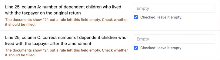 Two dependent-count lines left empty, each with a note that the documents show 2 but a rule left the field empty, and a box to confirm.
