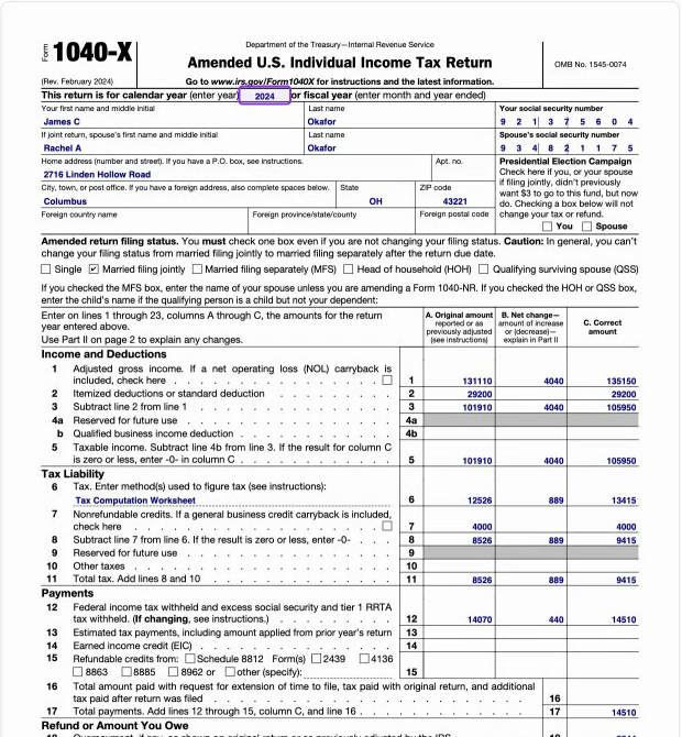 Page 1 of Form 1040-X as Fyllyo filled it from supporting documents: tax year, names, address and filing status, with original, net change and corrected amounts on each line.