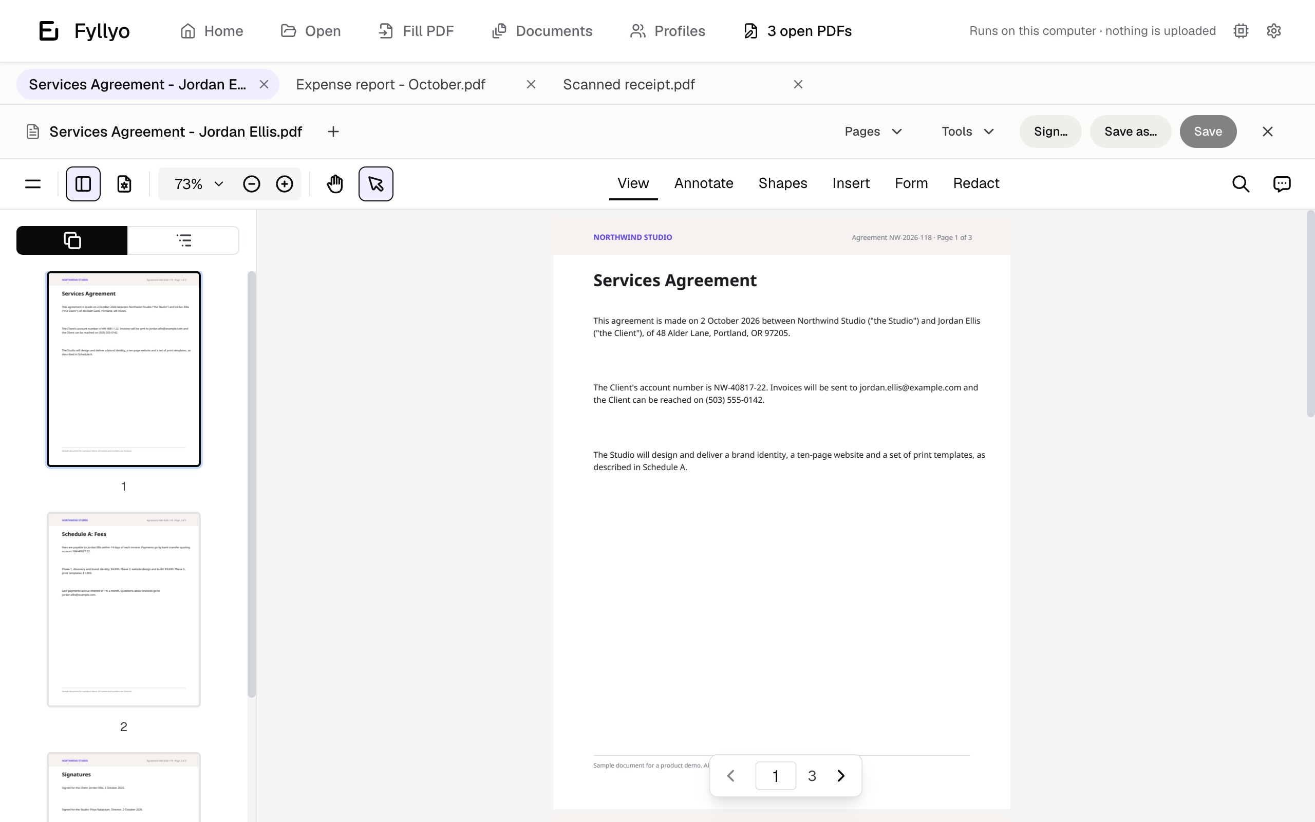 Fyllyo with three PDFs open in tabs, showing a services agreement and its page thumbnails.