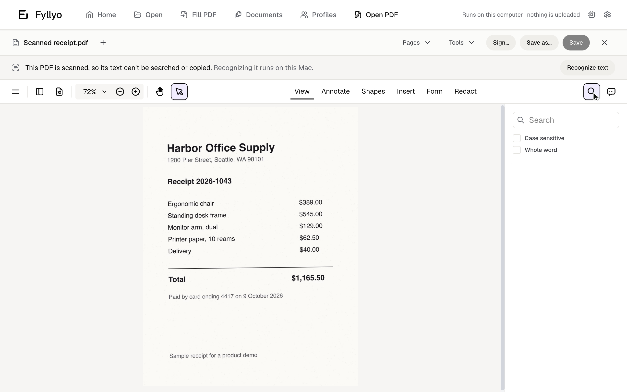 A scanned receipt in Fyllyo after text recognition, with the window saying it runs on this computer and nothing is uploaded.