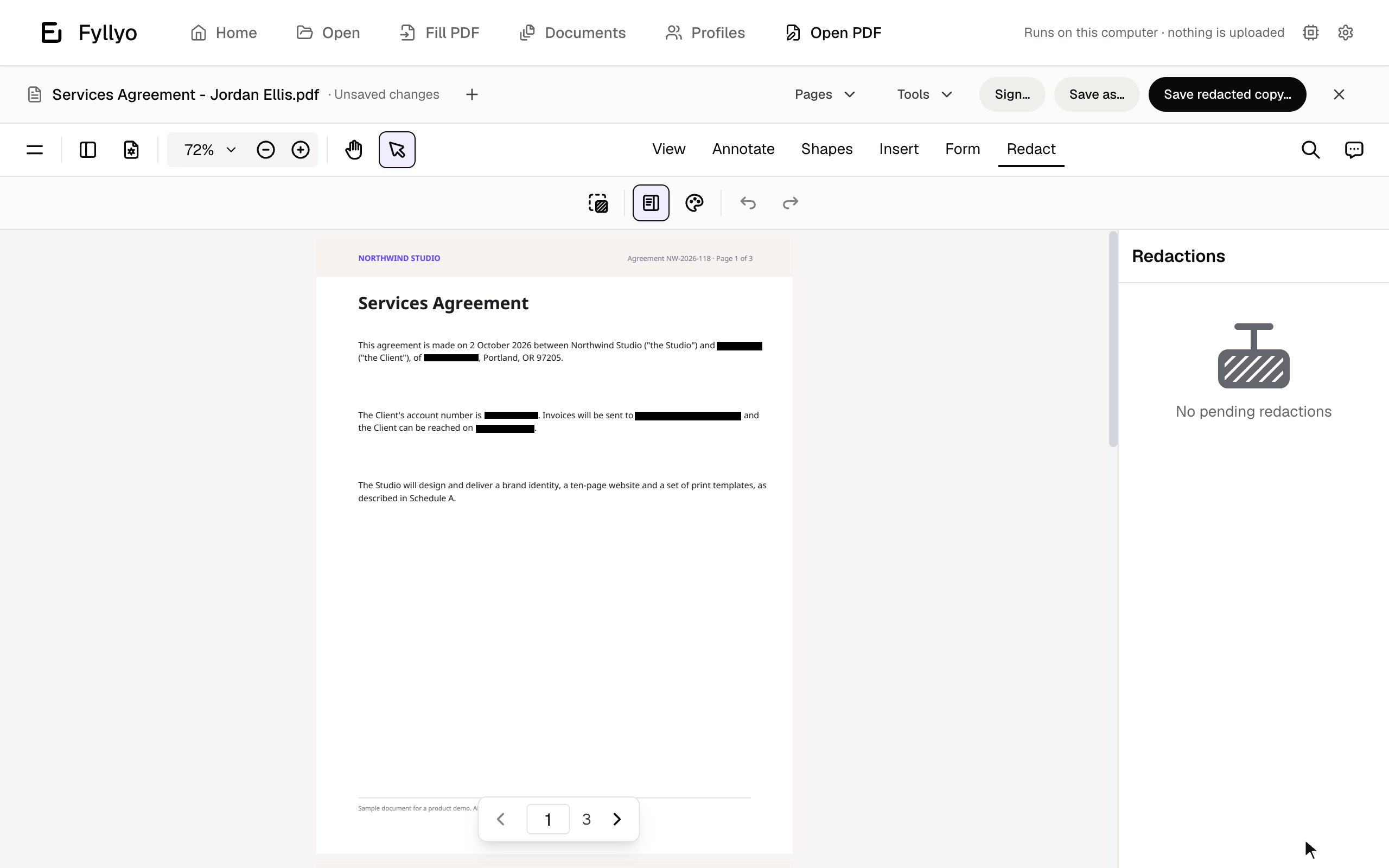 A services agreement in Fyllyo with a name, an address and an account number blacked out, and the Save redacted copy button.