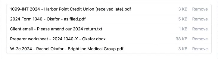 Five files added for the Okafors: a late 1099-INT, the 2024 Form 1040 as filed, the client's email, the preparer's worksheet and a W-2c.