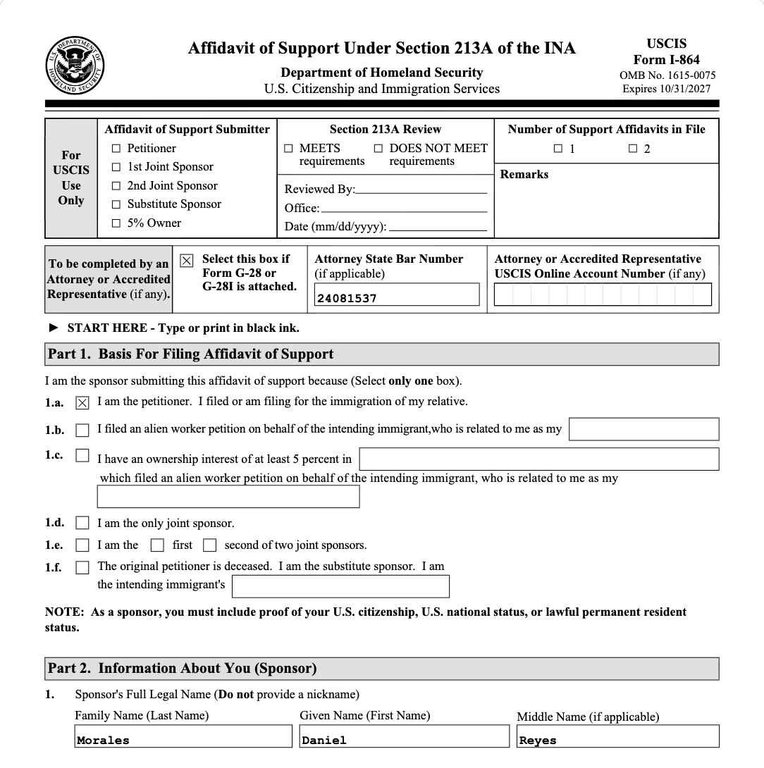 Page 1 of Form I-864 as Fyllyo filled it for a test client: the petitioner box is ticked, the attorney bar number is entered, and the sponsor's name reads Morales, Daniel, Reyes.